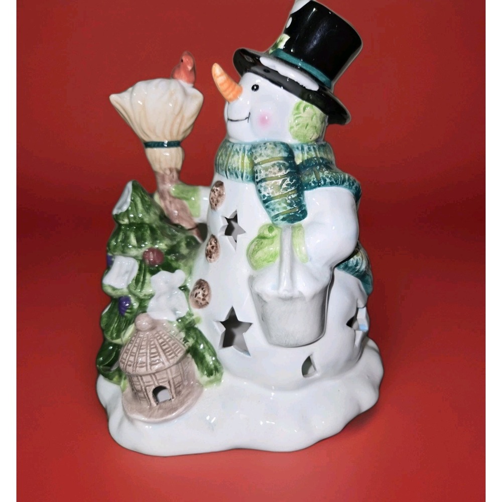 Vintage Hand Painted Ceramic Tealight Holder Snowman Christmas Tree 6"